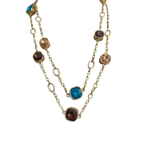 Gold Tone Chain Necklace Glass Stations Reversible Blue Pink Double Layer Adj 44 - Picture 1 of 5